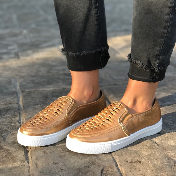 Bronze Perforated Woven Slip On Huarache Sneakers - Picture 2 of 4