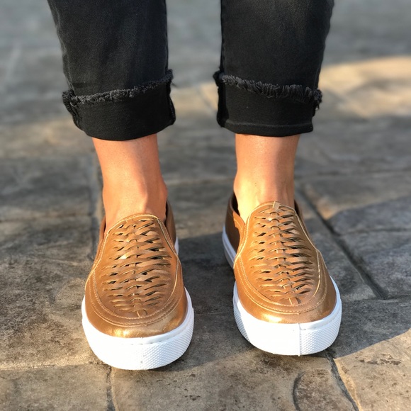 Bronze Perforated Woven Slip On Huarache Sneakers - Picture 3 of 4