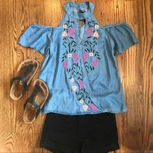 Off the shoulder chambray embroidered top