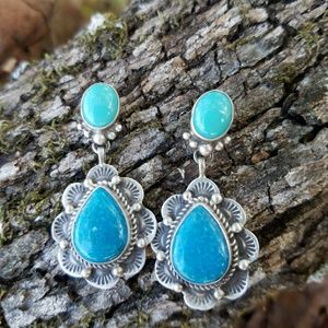 Sterling Navajo Signed Dangle Turquoise Earrings