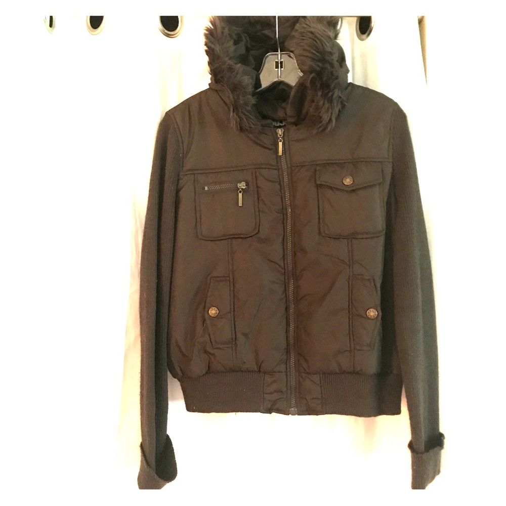 JOU JOU FAUX FUR HOODED AND LINED JACKET W POCKETS