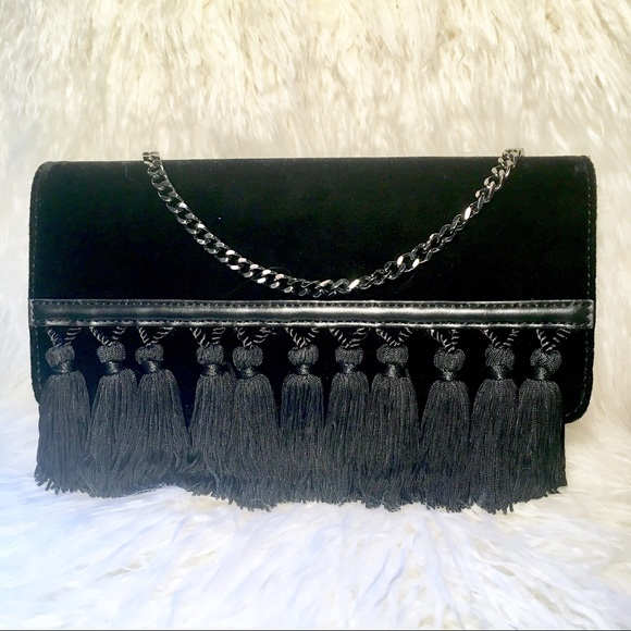 Nine West Ronja Black Velvet Tassel Purse W/ Chain - Picture 5 of 8