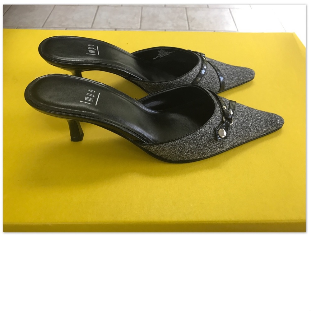 Impo black and gray dressed mules shoes
