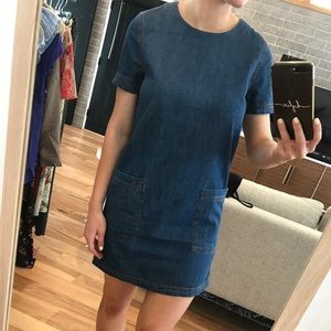 Denim Mini Shift Dress with Pockets