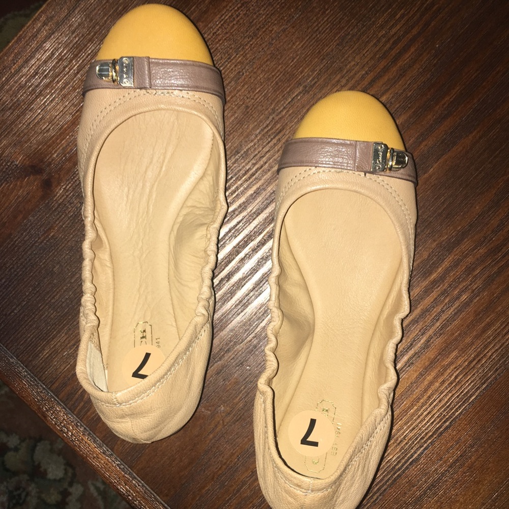 Coach Flats-gold buckle-tan with brown strap