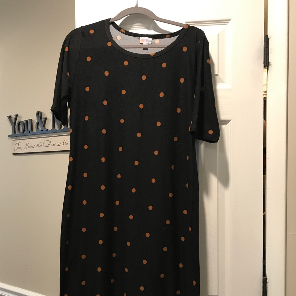 Lularoe Julia black with tan/brown polka dots