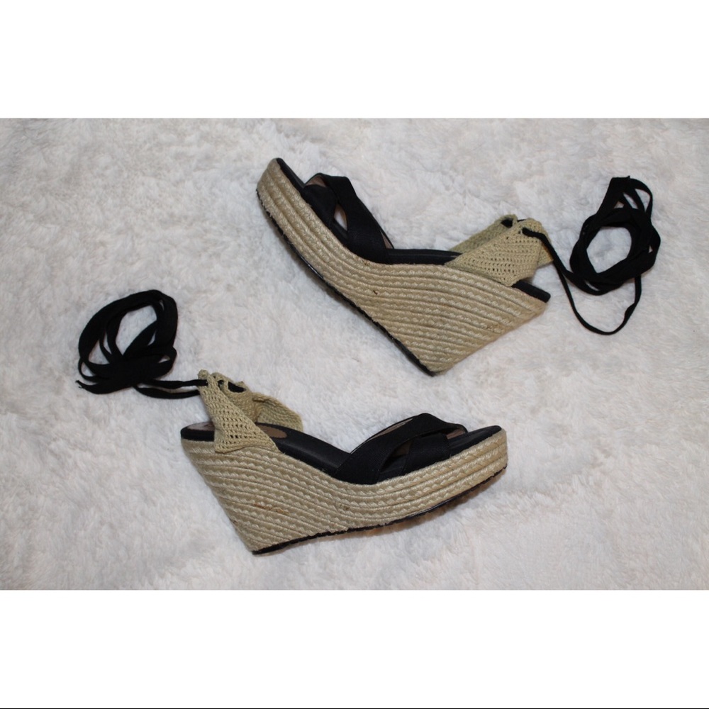 CHARLES DAVID ~ Black Lace-Up Canvas Wedges
