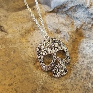 Silver Alloy Sugar Skull Chain Necklace