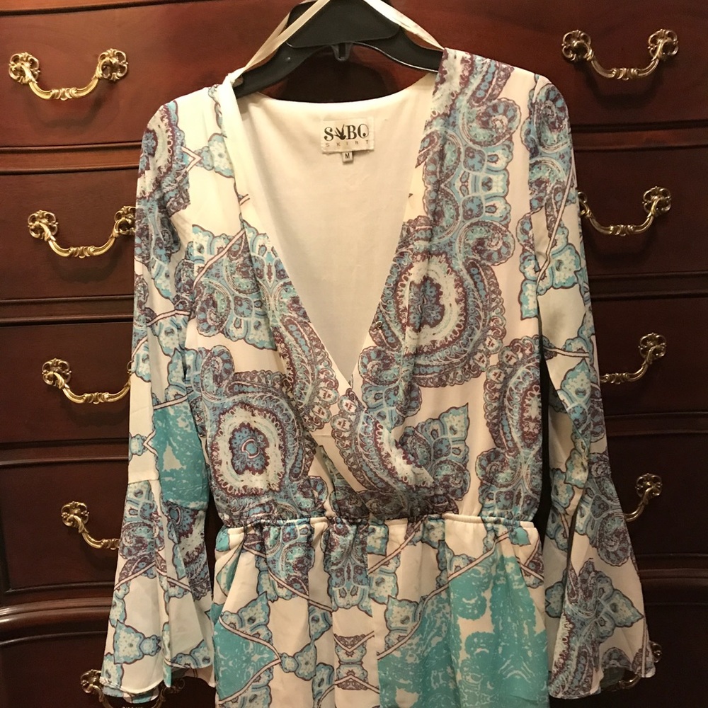 Blue/White long-sleeve romper