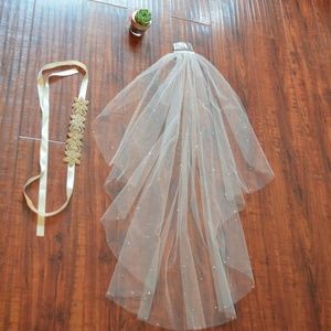 Wedding rhinestone veil and sash bundle