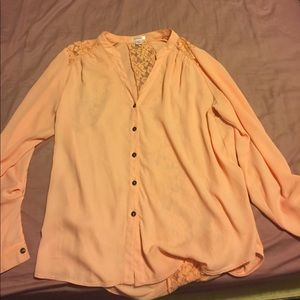 Sheer peach button down shirt with lace back
