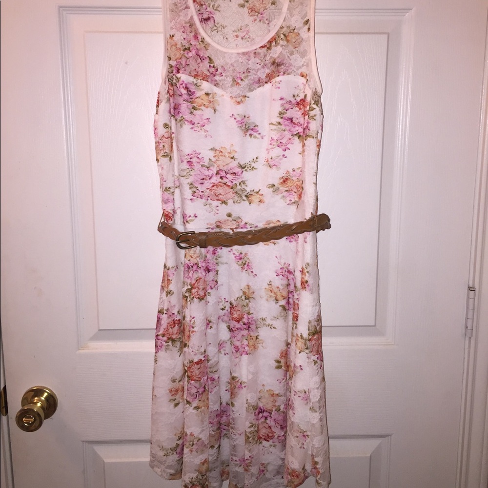 White dress w/ pink and orange flowers. Lace top.
