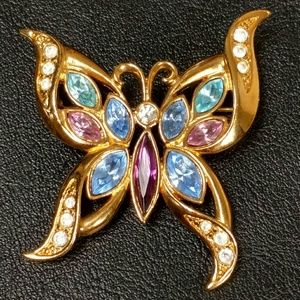 Vintage butterfly brooch rhinestone and gold tone