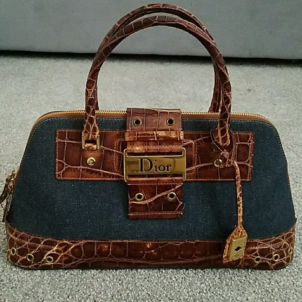 Auth Christian DIOR Denim and Real Crocodile Bag