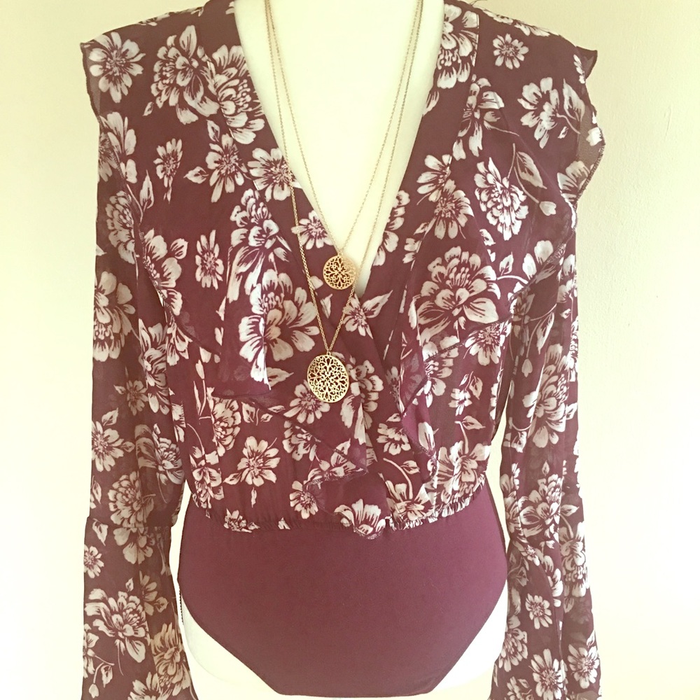 Band of Gypsies Flare Sleeves Burgundy Floral Top