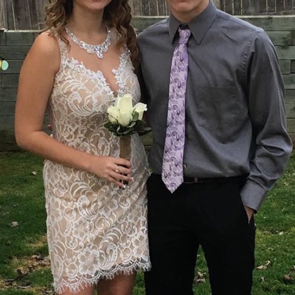 Tan and white formal dress