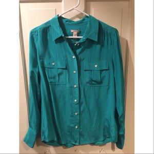 J Crew blue/green silk button-down blouse