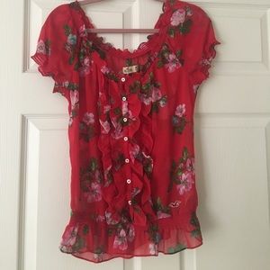 Flower patterned red chiffon blouse