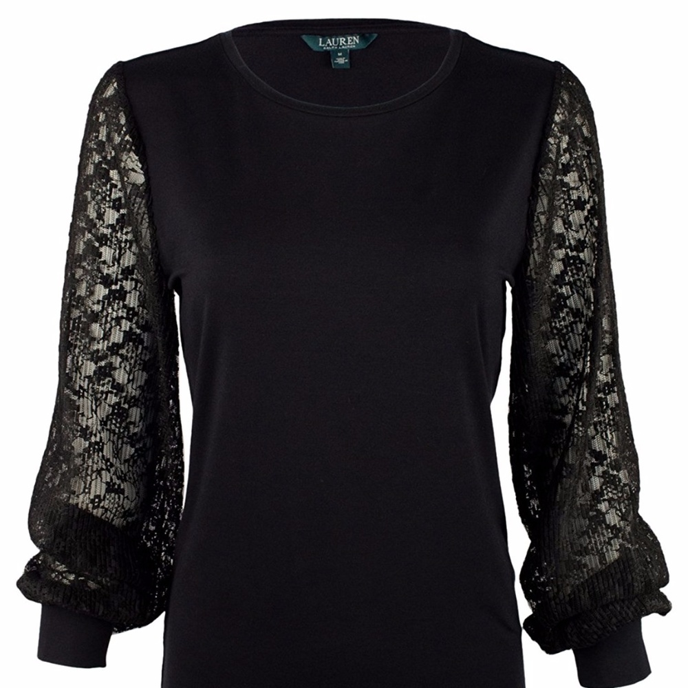 Lauren Ralph Lauren Lace-Sleeve Jersey Top-BLACK