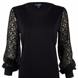 Lauren Ralph Lauren Lace-Sleeve Jersey Top-BLACK