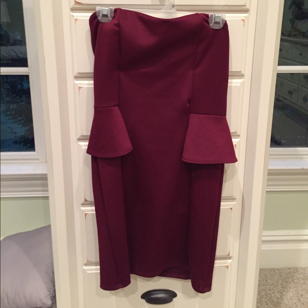 Burgundy strapless peplum dress