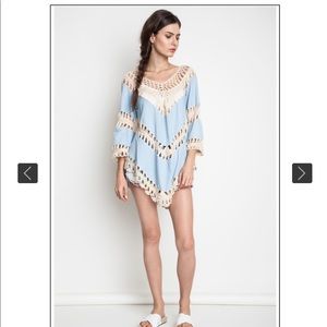 UMGEE NWT BOHO denim knit ice blue crochet fringe