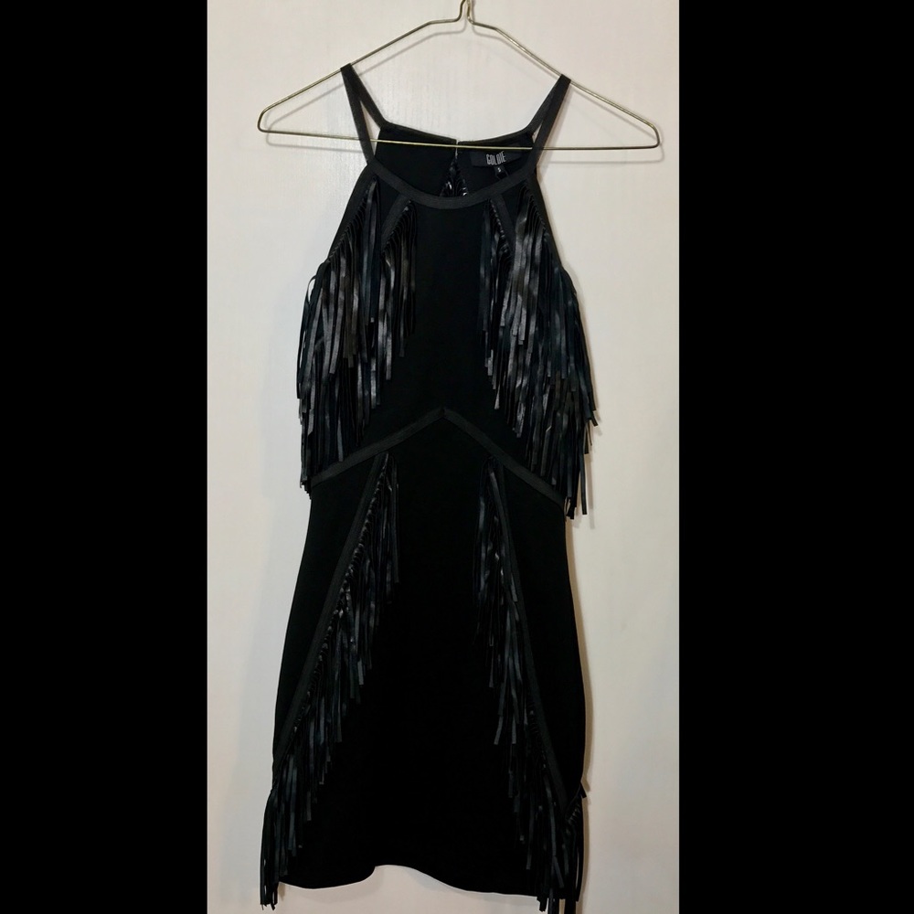 black bodycon cocktail dress with fringe