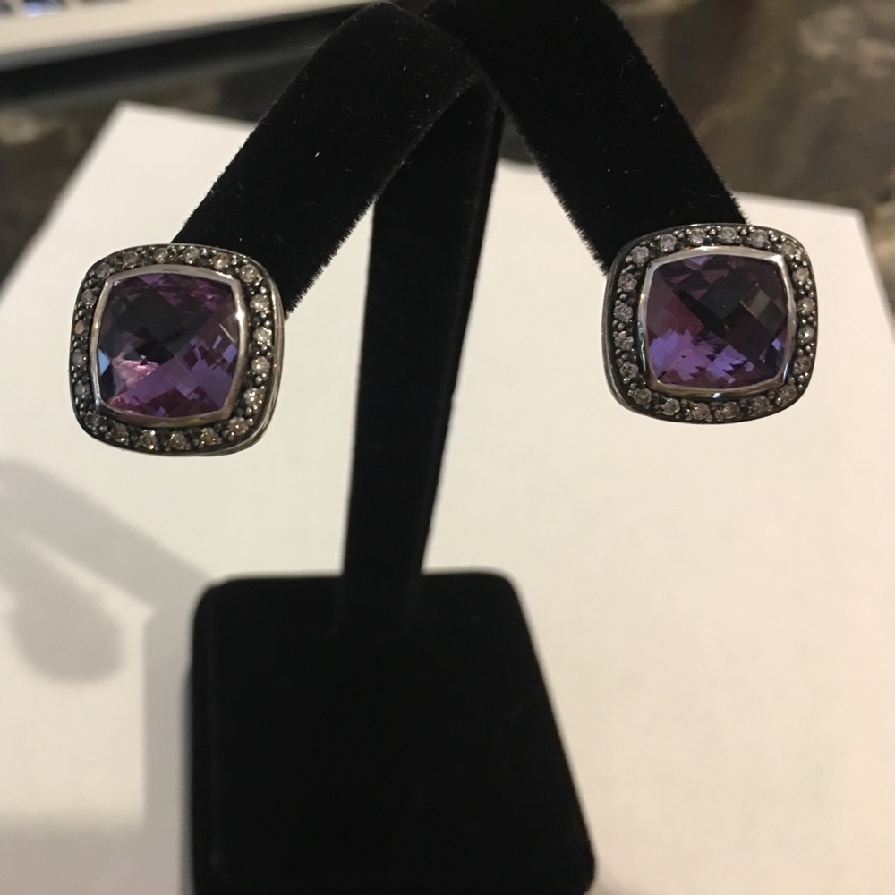 David Yurman SS Albion Earrings,Amethyst&Diamonds