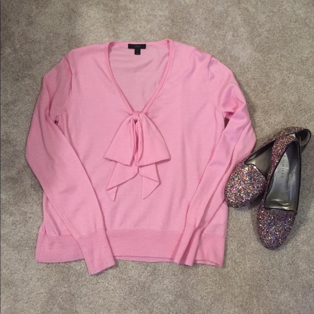 J. Crew merino wool pink bow sweater S
