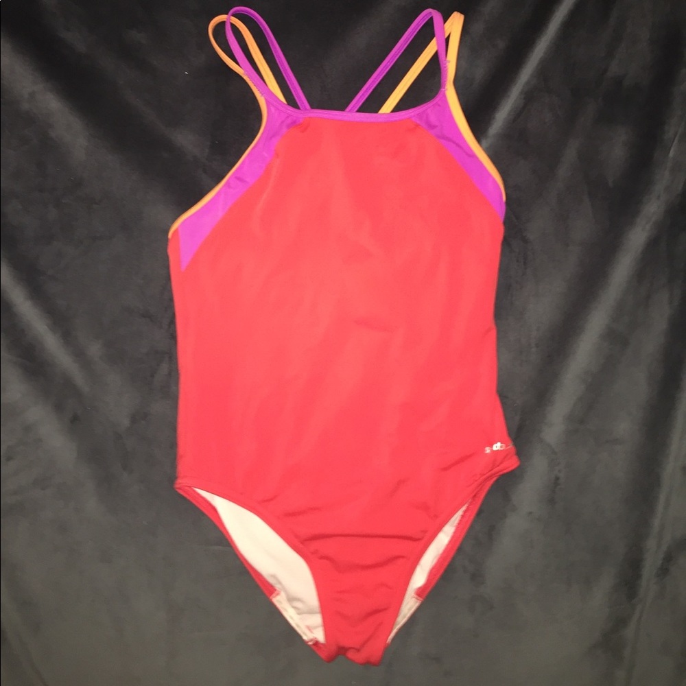 Red, orange and purple speedo bathing suit