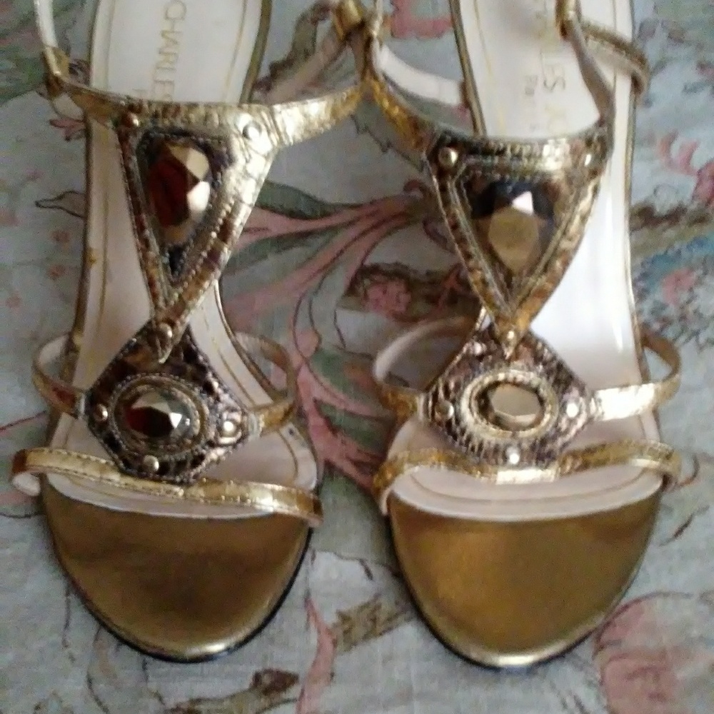 Charles Jordan Adria Golden jeweled leather stilet