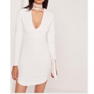 Super cute -white long sleeve bodycon w/ tie neck
