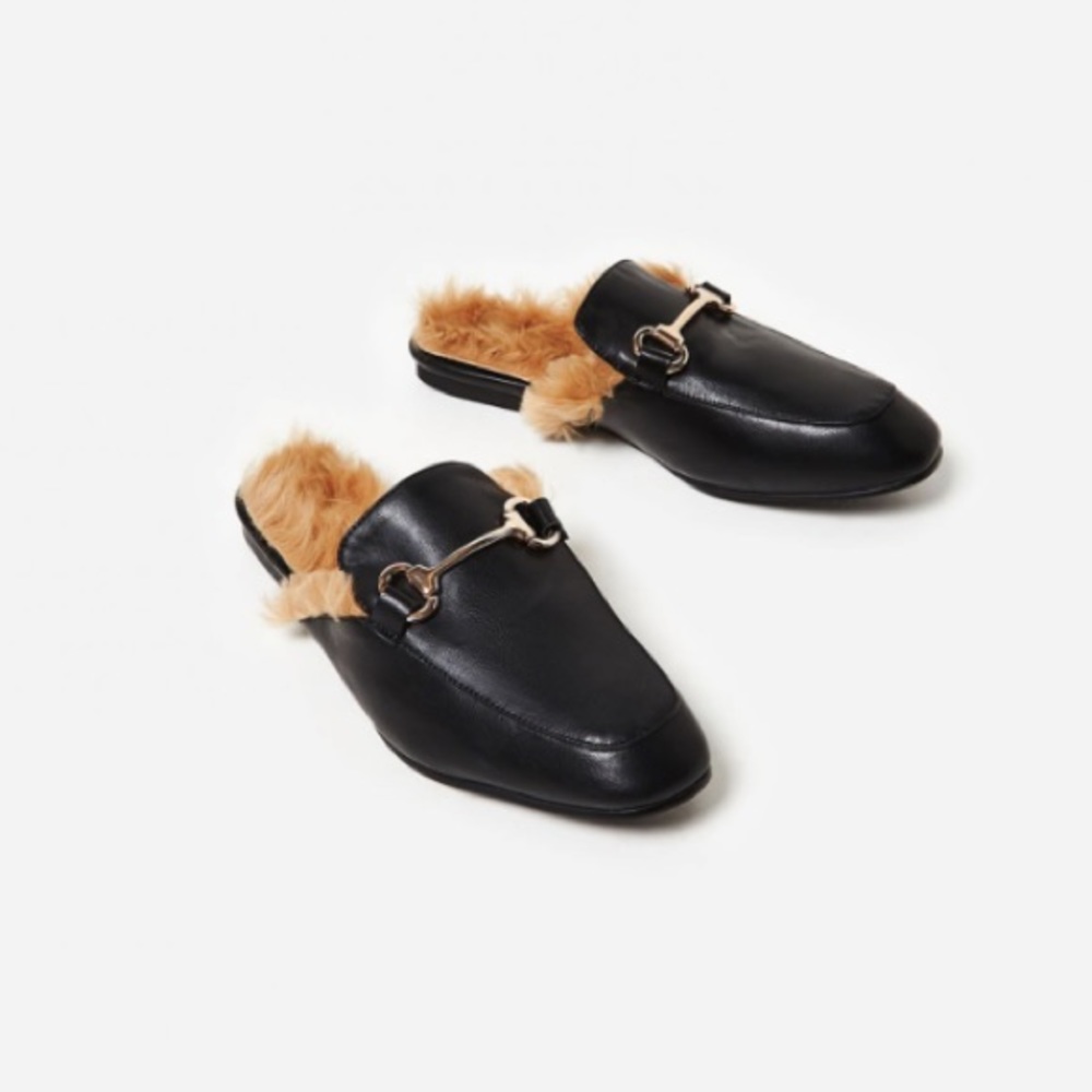 Fur lined flat loafer mule