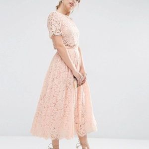 Asos Peach Scalloped Midi Lace Dress