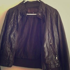 Brown faux leather bomber jacket