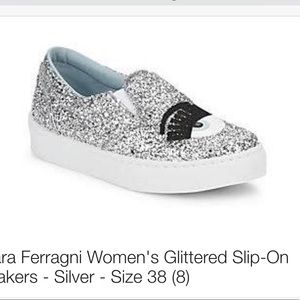 Wore Chiara Ferragni sliver glitter slip on