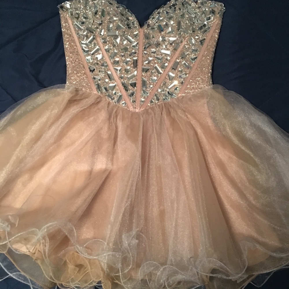 Sherri Hill tan and gold homecoming dress