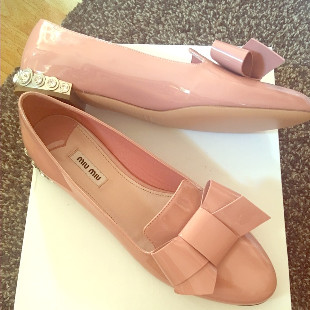 Miu Miu Patent Jeweled Heel Bow Flats Pink, 39.5
