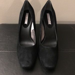 Black Suede Pumps with silver heels