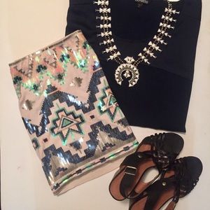 Express Embellished Aztec Sequin Mini Skirt