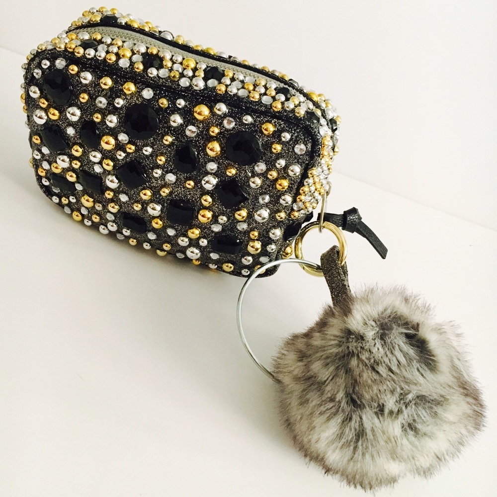 Black, Silver & Gold Rhinestone Pom Pom Purse