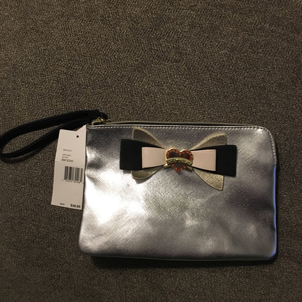 NWT Betsey Johnson Saffiano Silver Wristlet