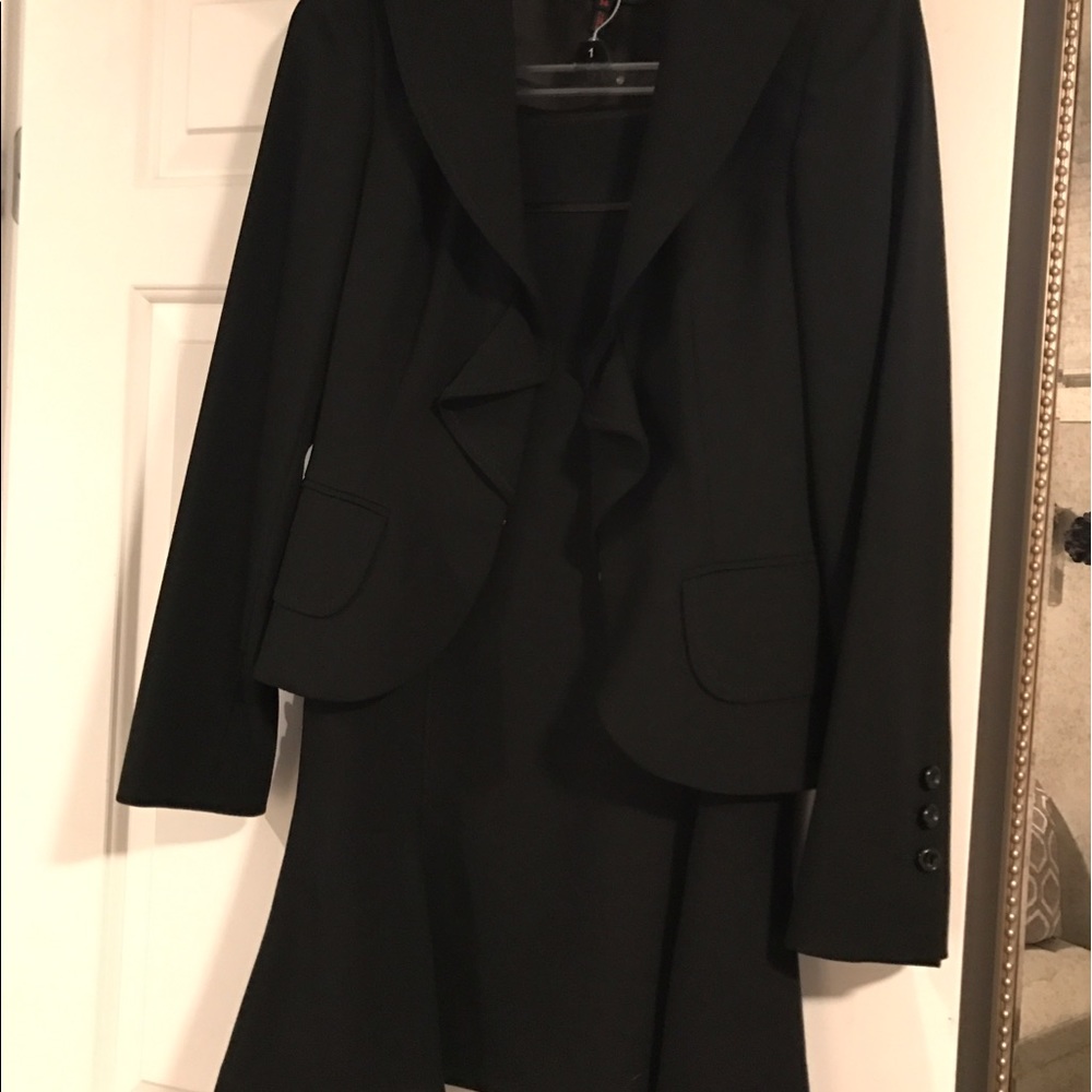 Escada black ruffle front Blazer, tulip skirt suit