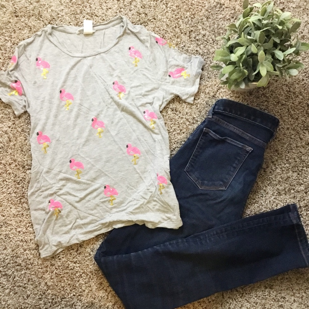 💗🌴 H&M Sequin Pink Flamingo Jersey T-Shirt