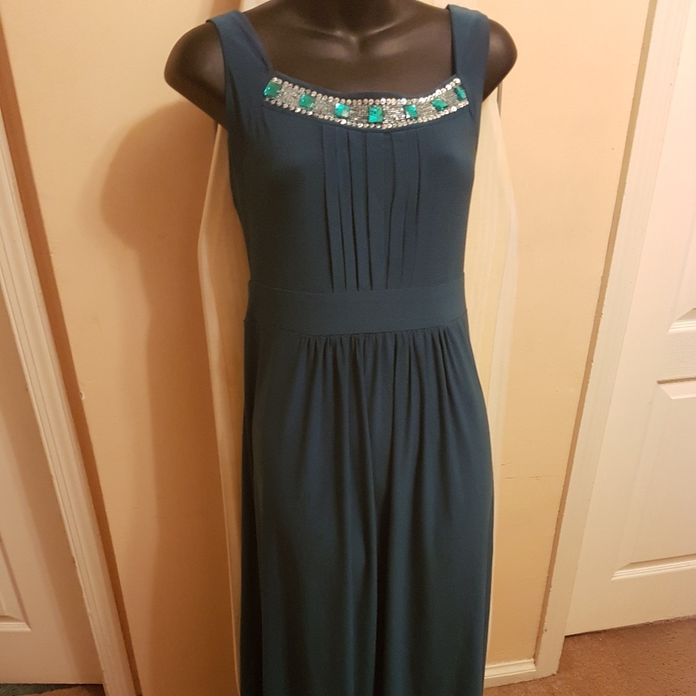 Teal formal maxi dress, with jeweled neckline