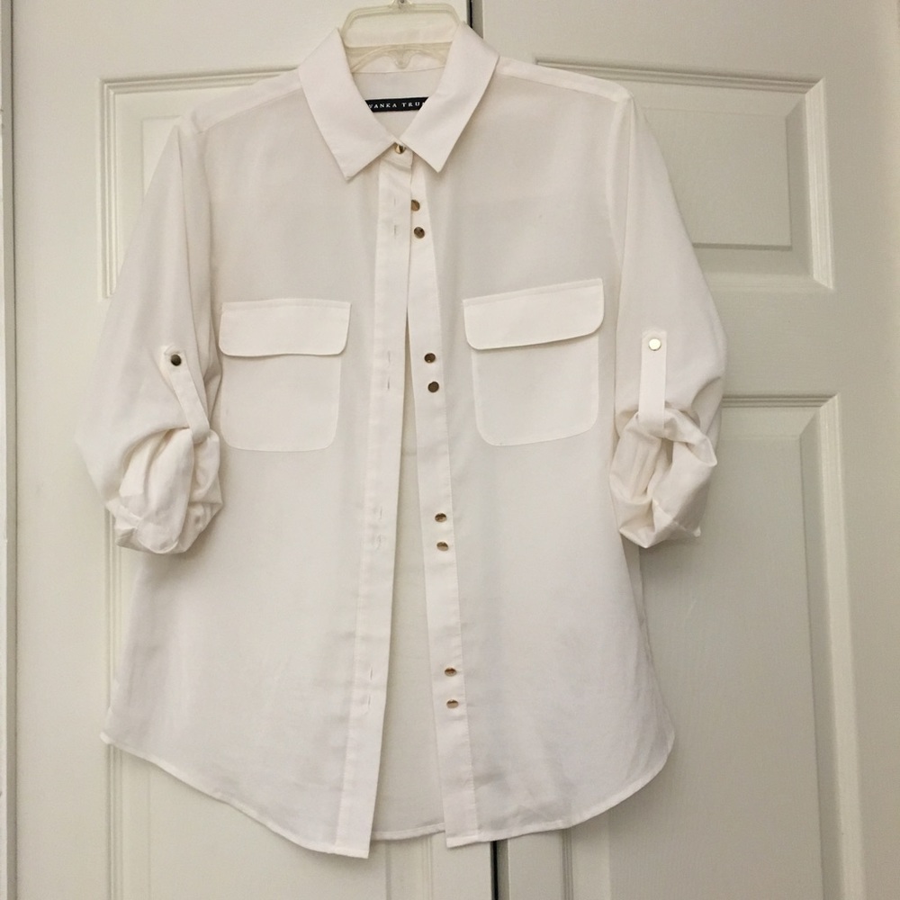 White button down with gold buttons