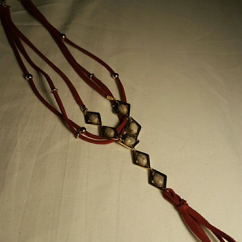 Red Leather, Gold, and Grey Jemstone Necklace