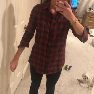 Elizabeth and James red button down plaid shirt