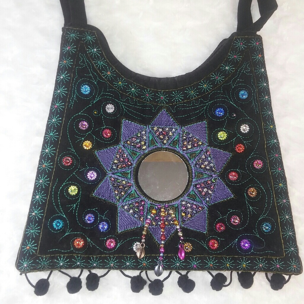 Vintage Mirror Crushed Velevt Bohemian Purse Black - Picture 2 of 6