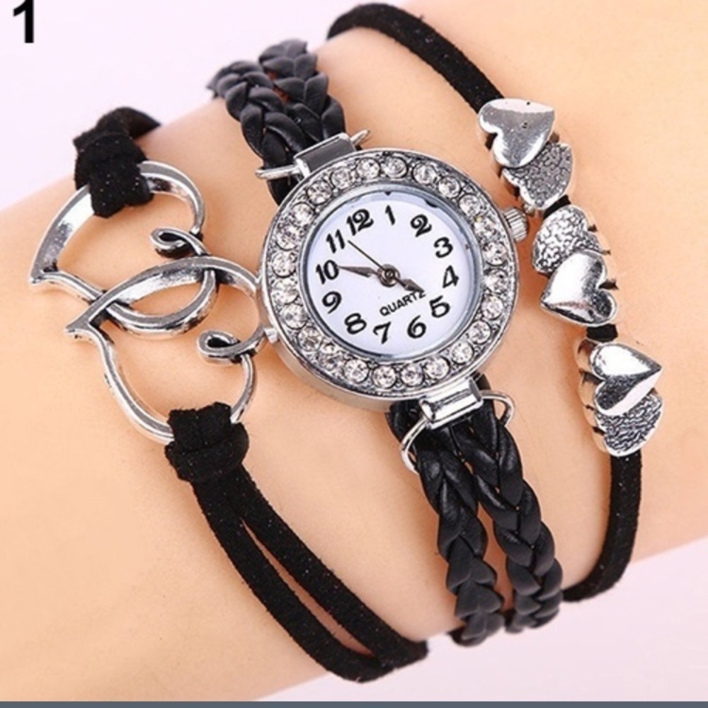 Double heart multilayer cuff bracelet wristwatch
